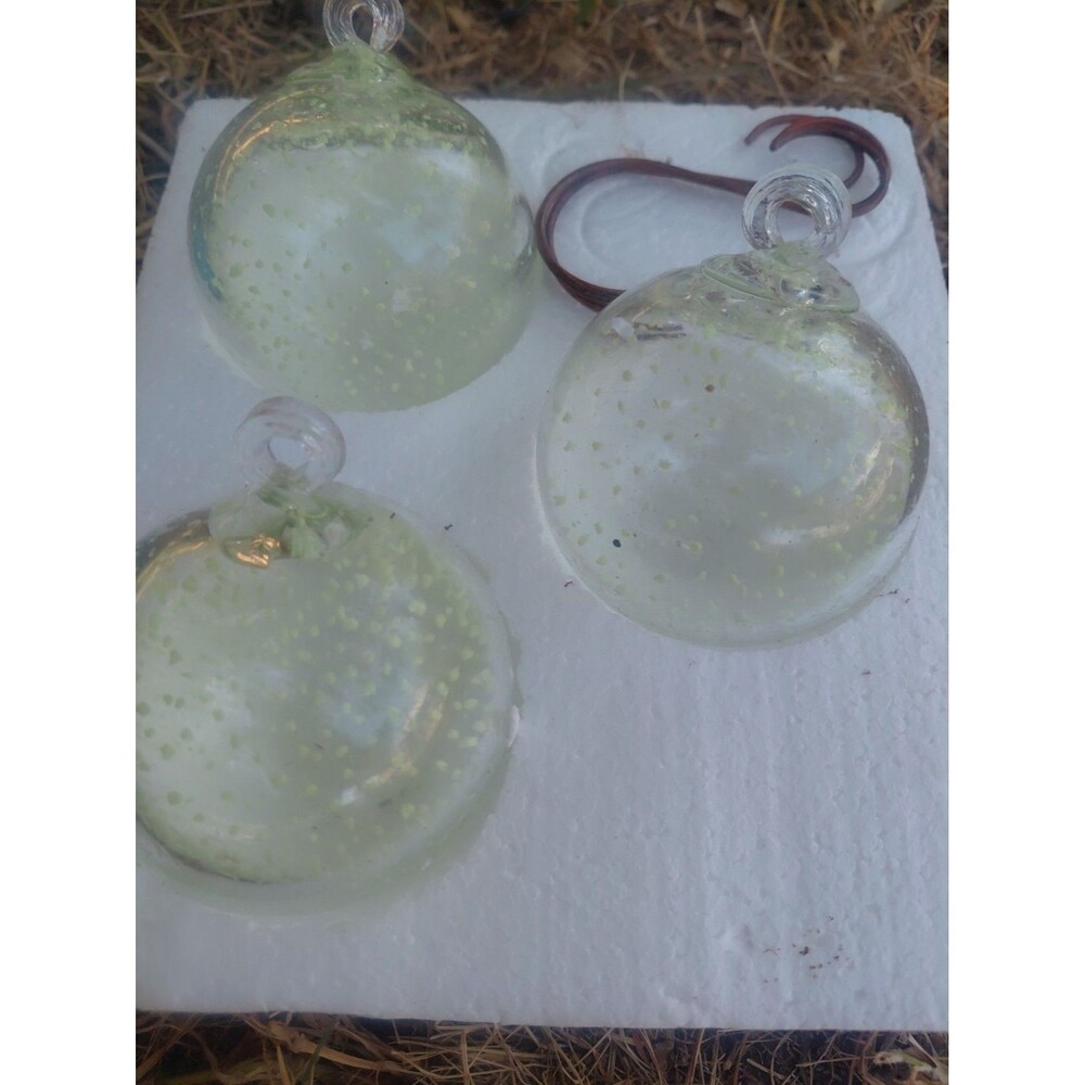 Hand Blown Glass Bulb Ornament Set of 3 Yellow White w/ White Speckles
